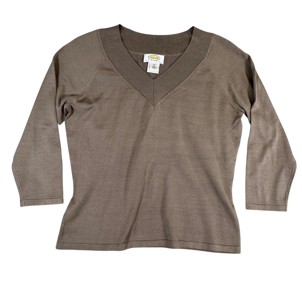 Talbots Petites Silk Blend V-Neck Sweater Brown 3/4 Sleeve Size M Petite